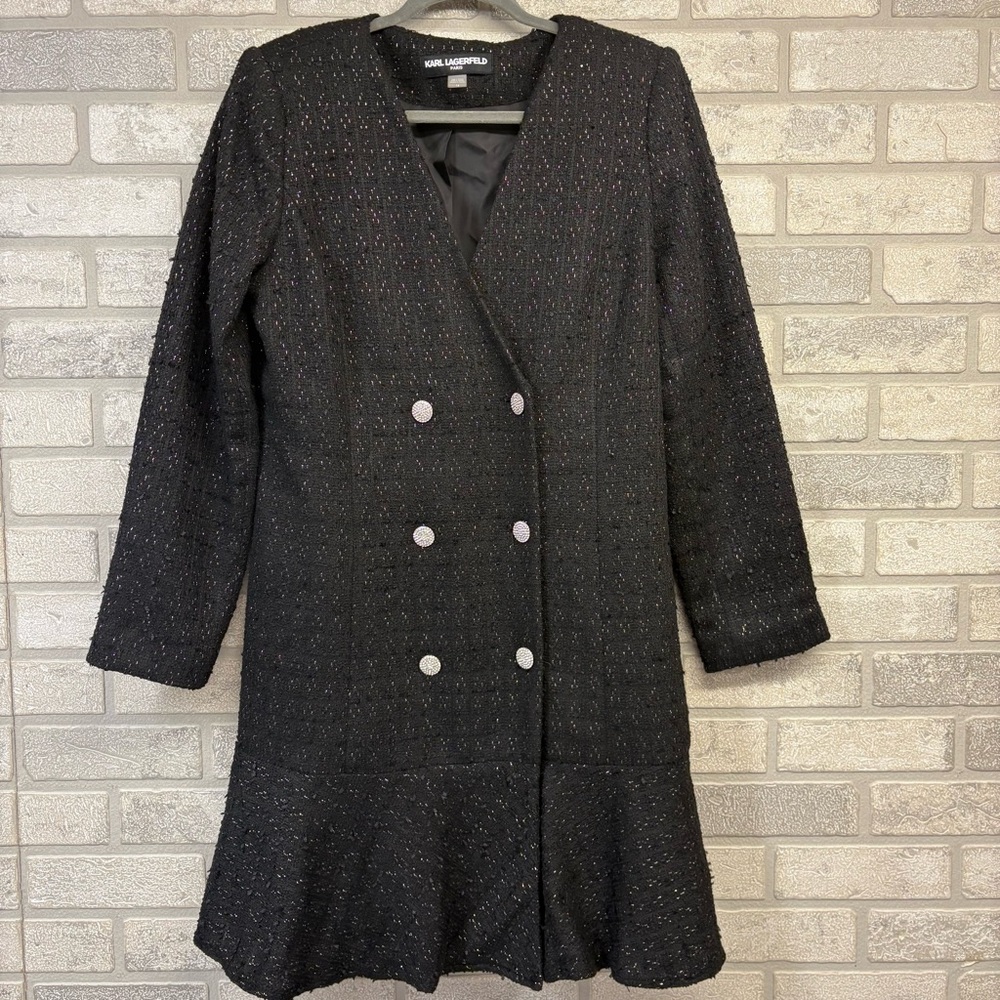Karl Lagerfeld Paris Black Silver Tweed Long Sleeve Dress Size 14